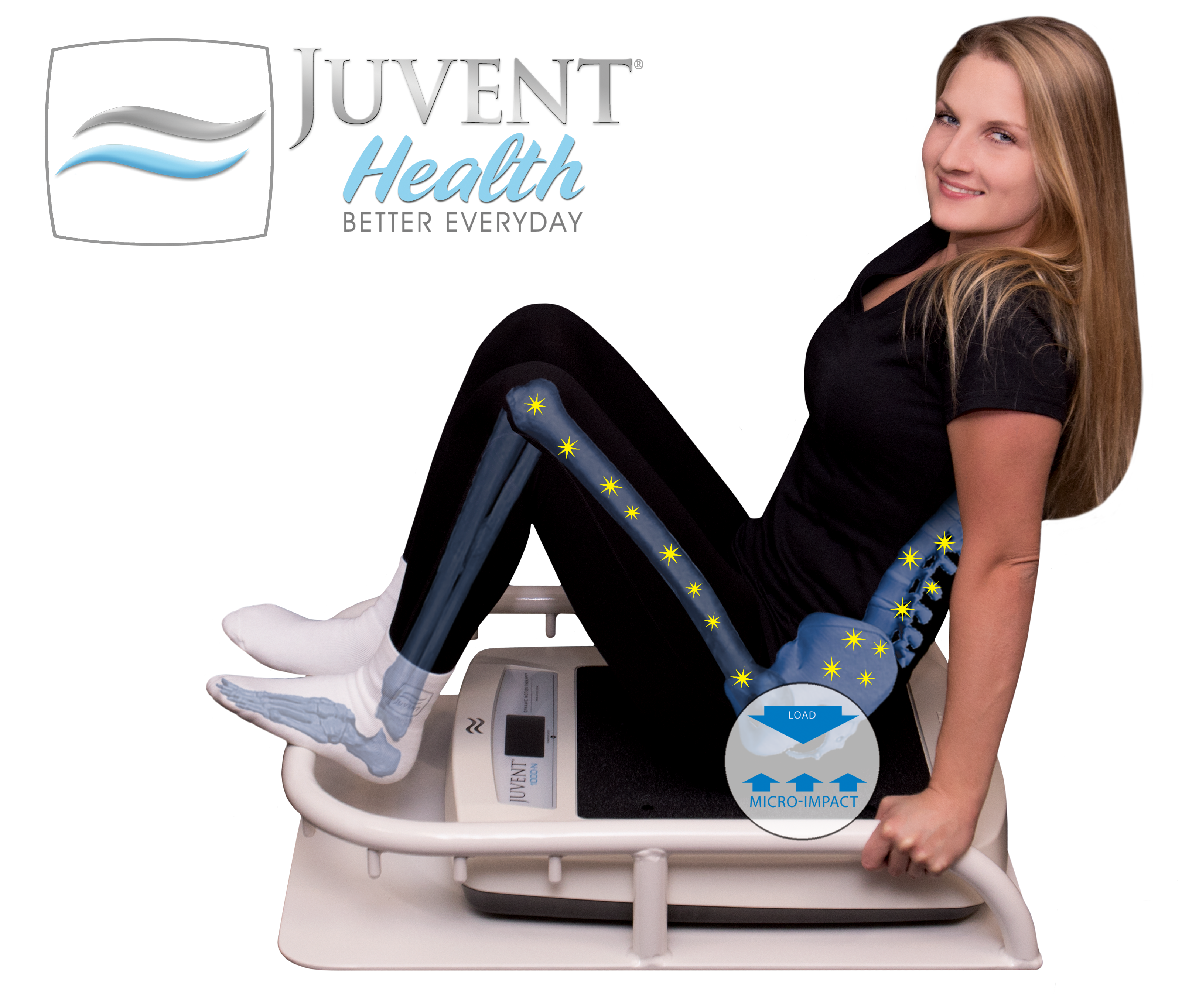 Woman sitting and using compact workout stand with Juvent Micro-Impact Platform