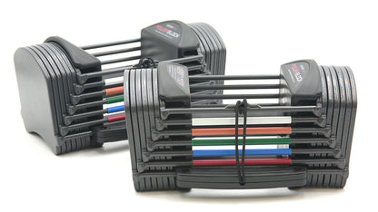 Two sets of PowerBlock sport 24 dumbbells that range from 3 to 24 pounds in weight, replacing 216 lbs in free weights.